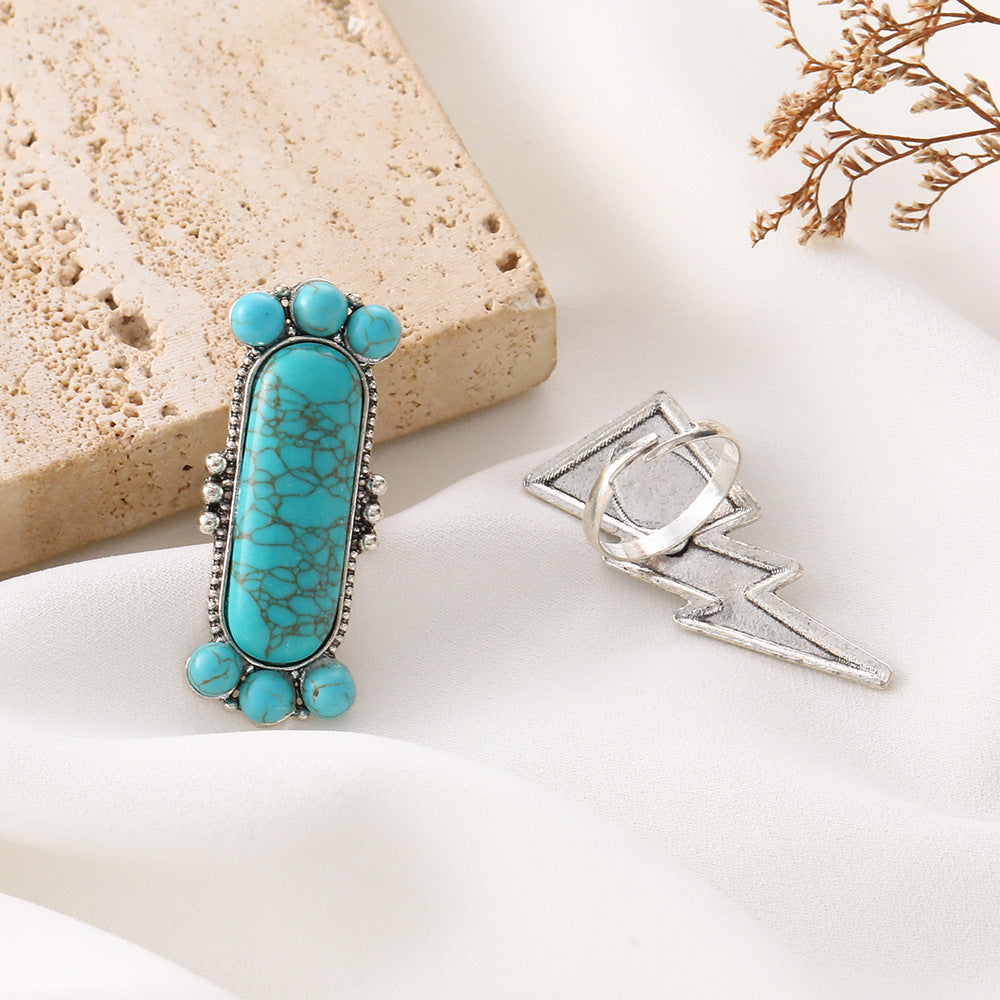 Wholesale Retro Bohemian Turquoise Lightning Shape 2-piece Set Alloy Ring